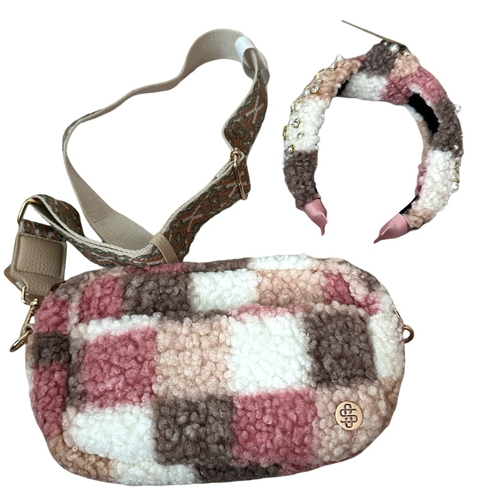 NWT Simply Southern Cozy Sherpa Plaid Crossbody Bag with Matching Headband
